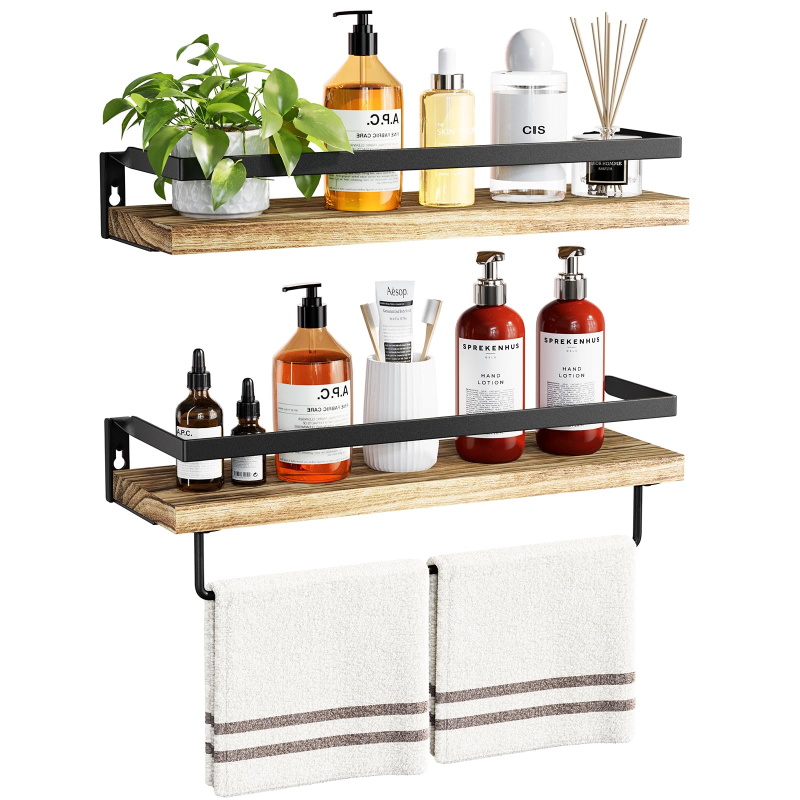 Light Brown Floating Shelves with Towel Bar