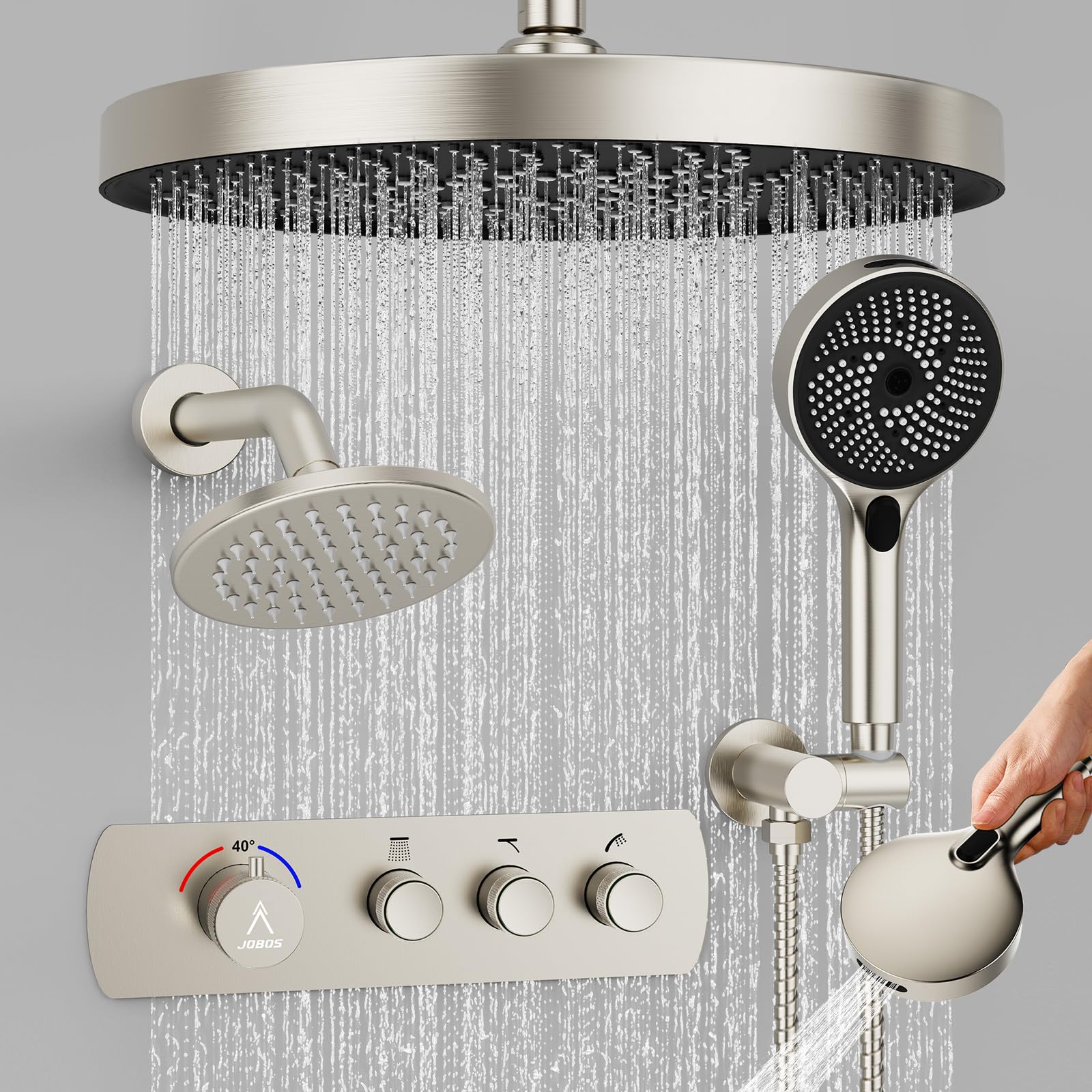 Brushed Nickel Thermostatic Brass Shower System with Dual Rain Heads and Handheld