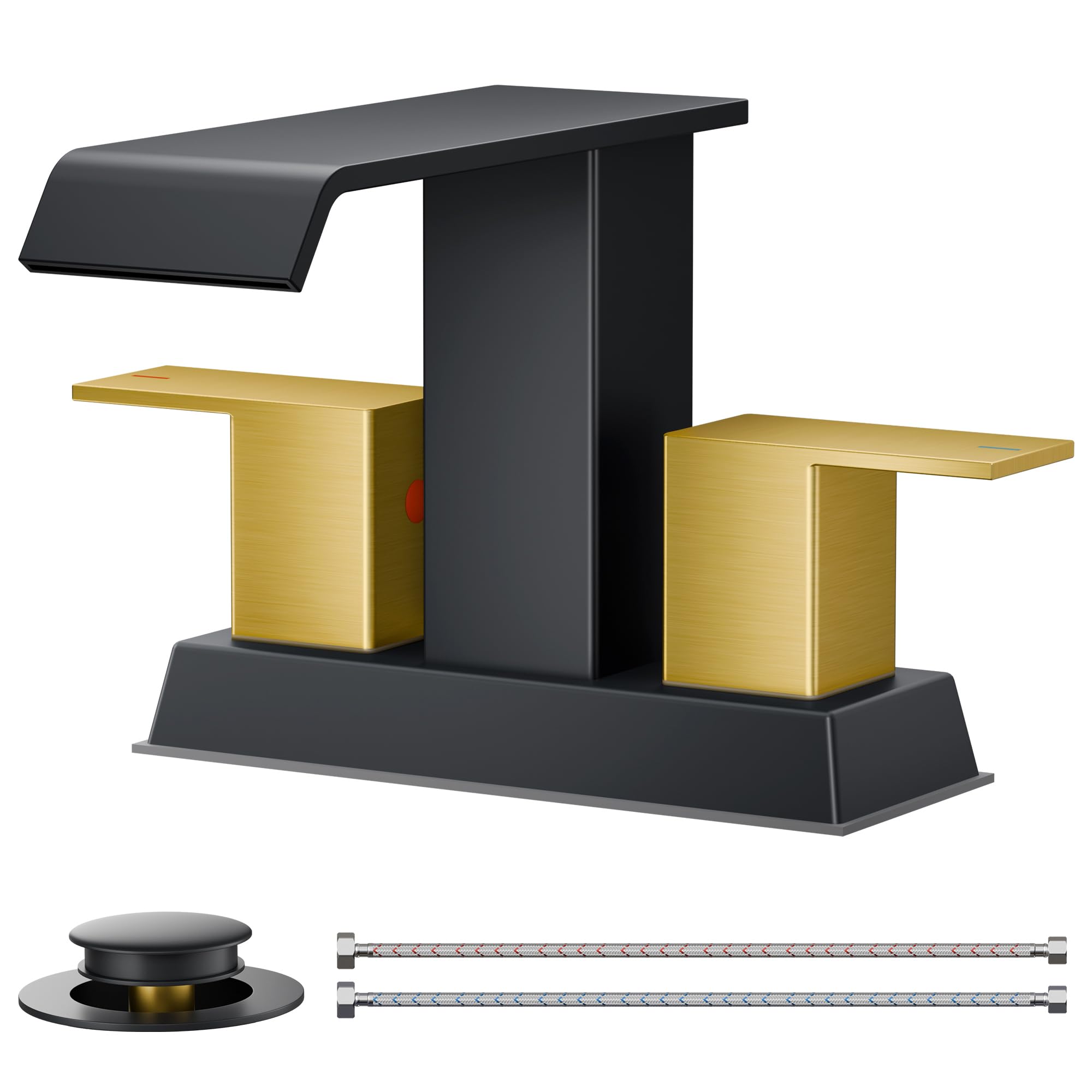 Two-Handle Square Waterfall Centerset Faucet, Matte Black & Gold