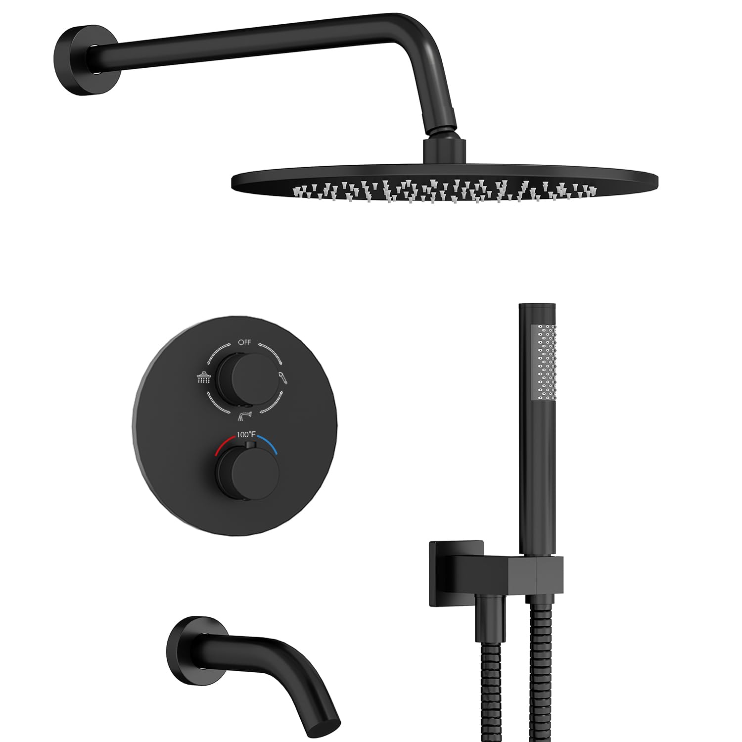 All-Metal Thermostatic Shower System with Tub Spout & Handheld, Matte Black