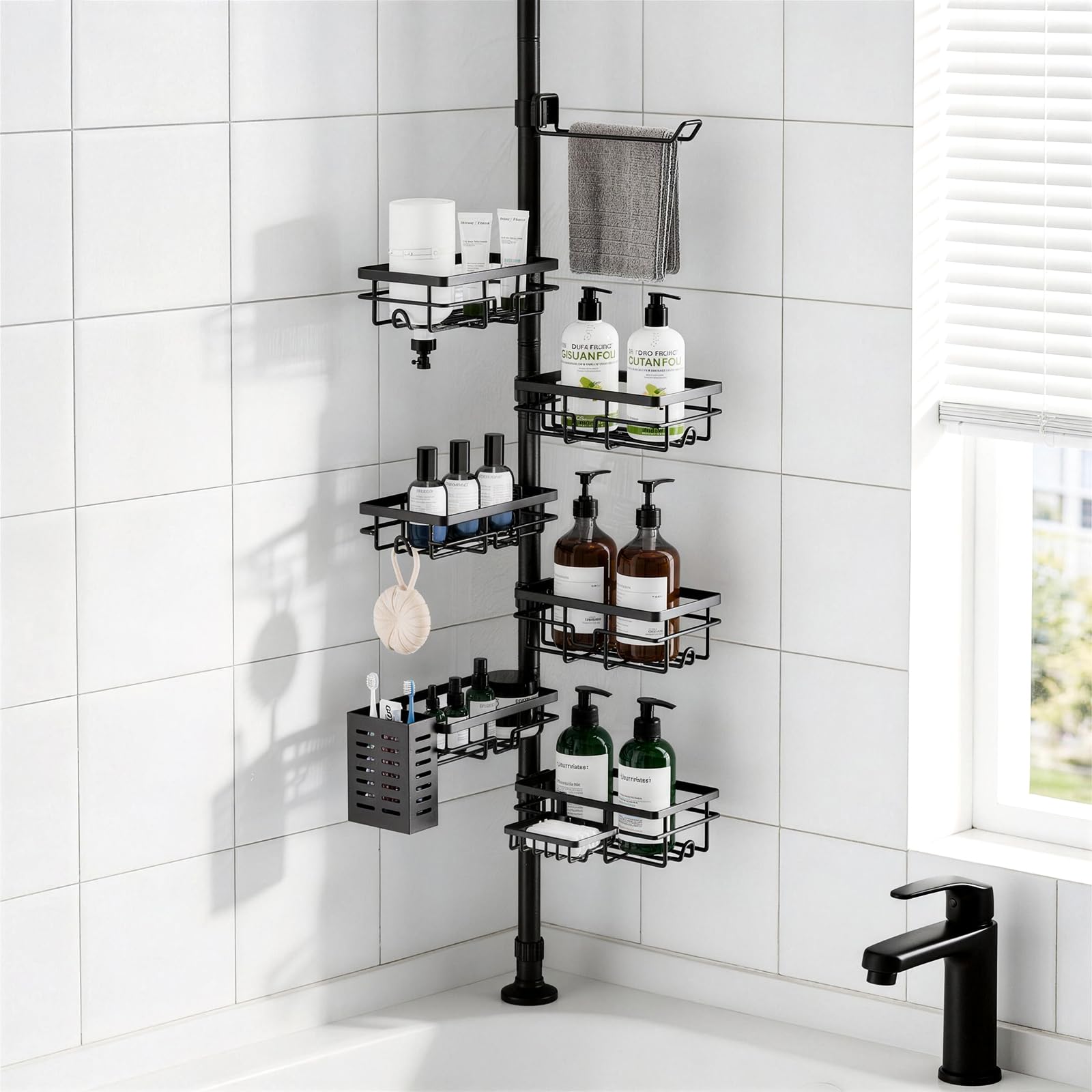 Rustproof Adjustable Tension Shower Caddy - Black