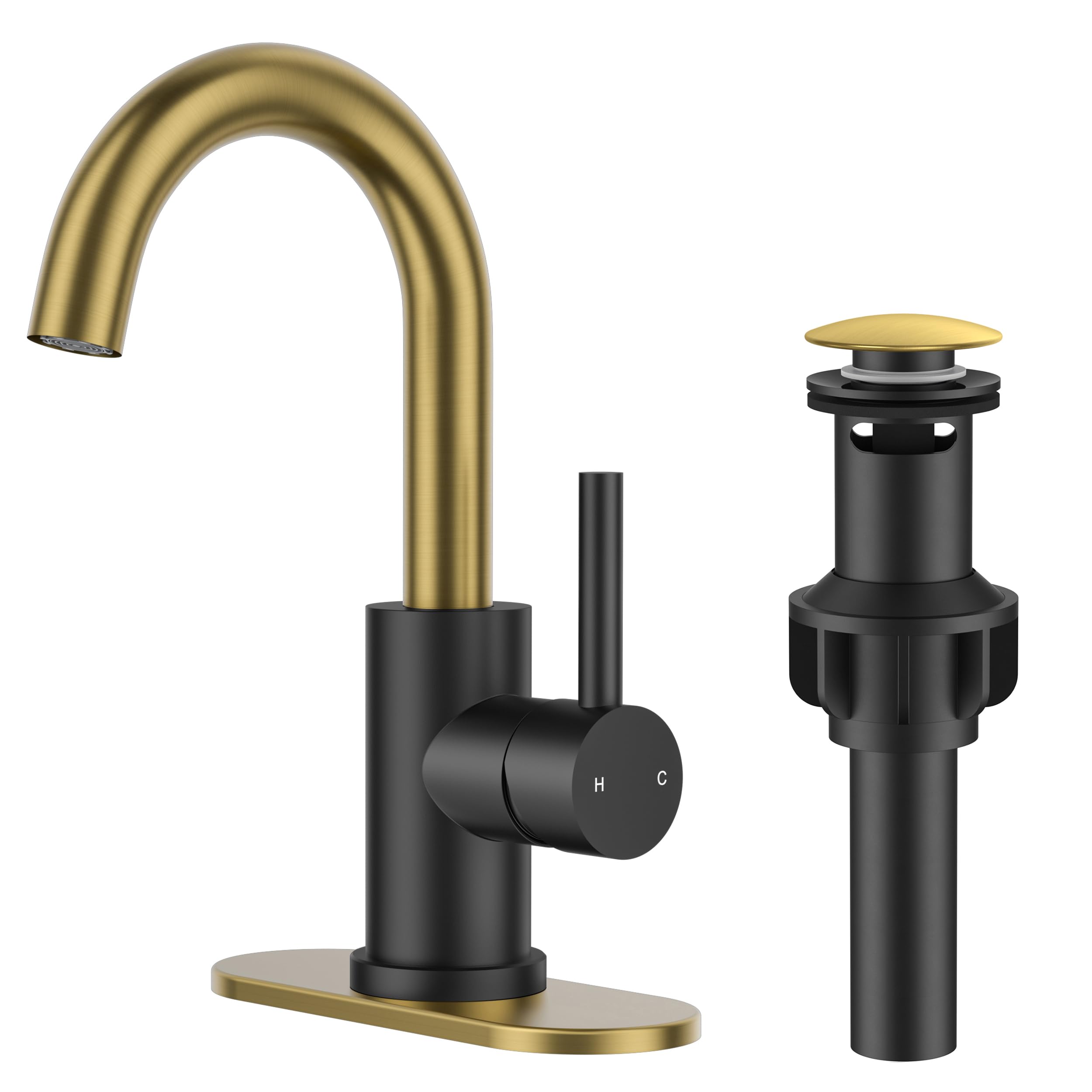 Black & Gold High-Arc Single Handle Faucet with Pop-Up Drain