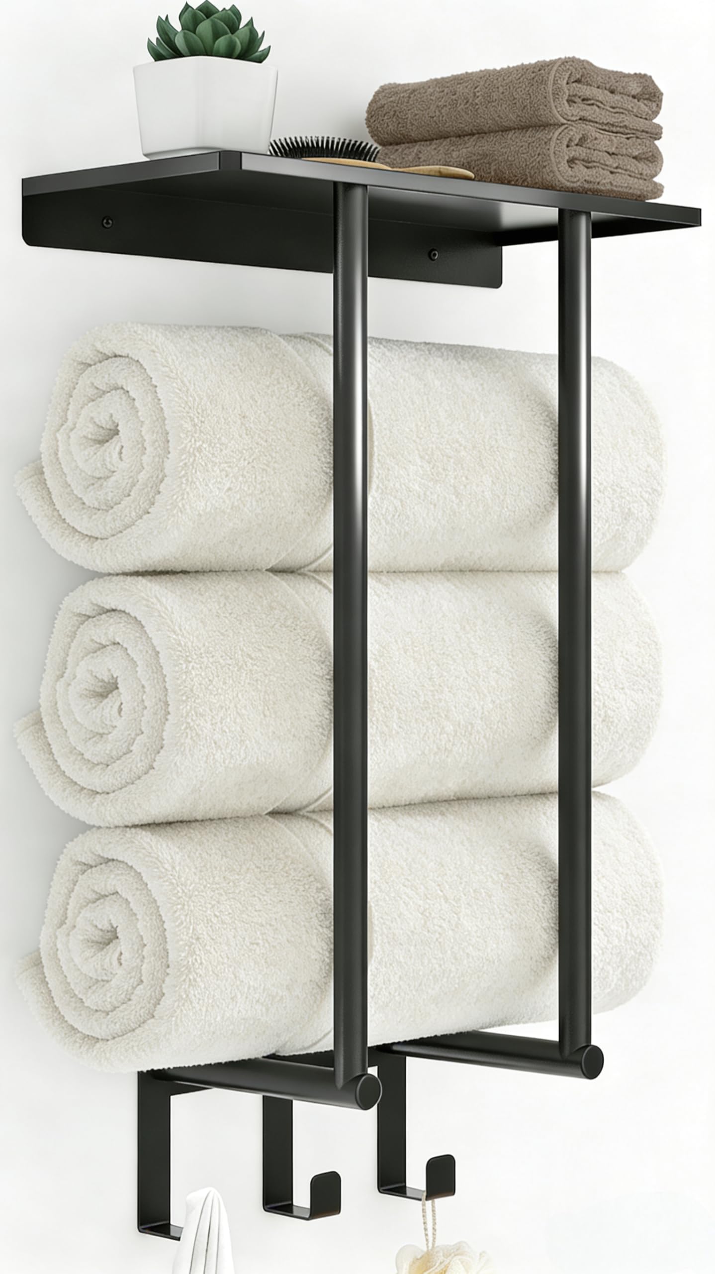 Matte Black Wall-Mounted Towel Rack with Shelf & Hooks