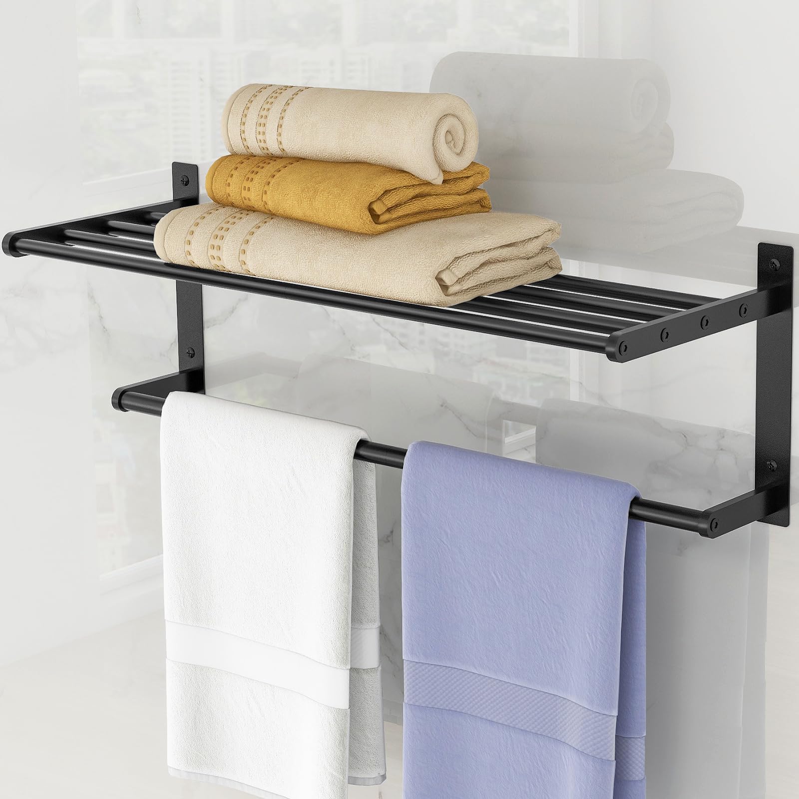 Black 24-Inch Wall-Mounted 2-Tier Towel Shelf