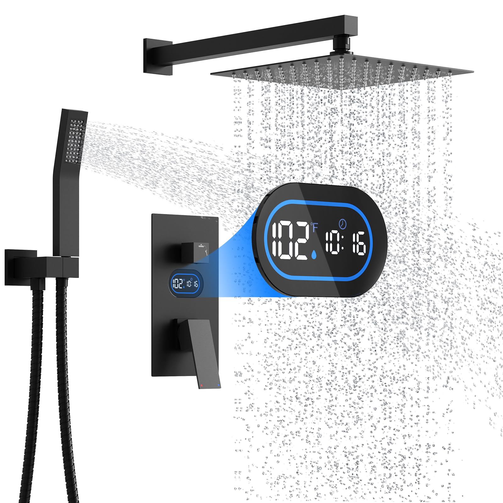 Matte Black Wall-Mounted Shower System with Digital Display